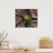Zonnebloem groeiend uit gebarsten modder poster (Keuken)