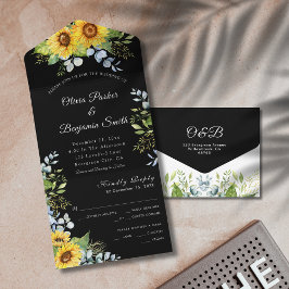 Zonnebloem groen blad zwart wit bruiloft all in one uitnodiging