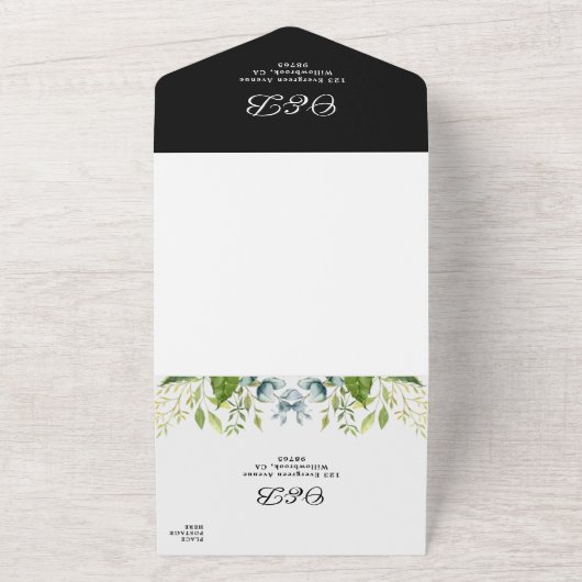 Zonnebloem groen blad zwart wit bruiloft all in one uitnodiging (Buitenkant)