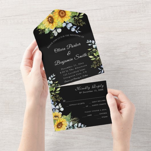 Zonnebloem groen blad zwart wit bruiloft all in one uitnodiging (Afscheurbaar)