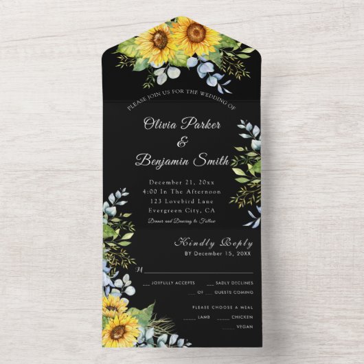 Zonnebloem groen blad zwart wit bruiloft all in one uitnodiging (Binnen)