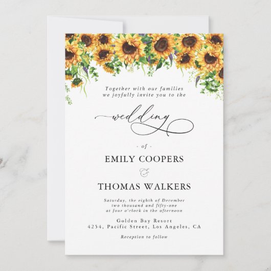 Zonnebloem groen bruiloft uitnodiging (Voorkant)