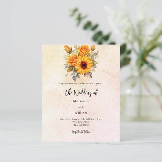 Zonnebloem groen budget bruiloft uitnodiging (Staand voorkant)