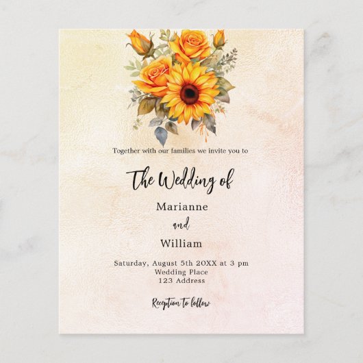 Zonnebloem groen budget bruiloft uitnodiging (Voorkant)