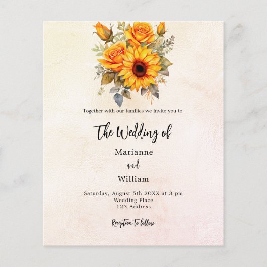 Zonnebloem groen budget bruiloft uitnodiging flyer (Voorkant)