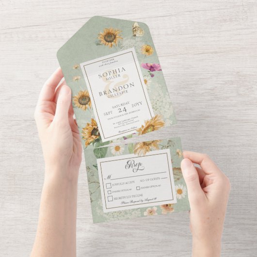 Zonnebloem Groen Dinner All In One Uitnodiging (Afscheurbaar)