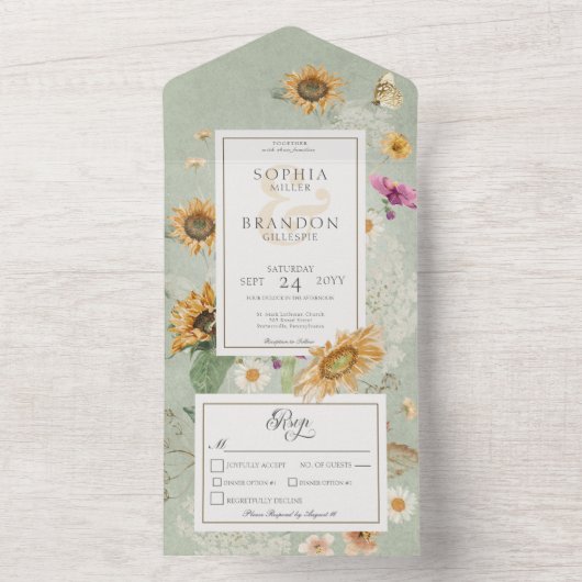 Zonnebloem Groen Dinner All In One Uitnodiging (Binnen)