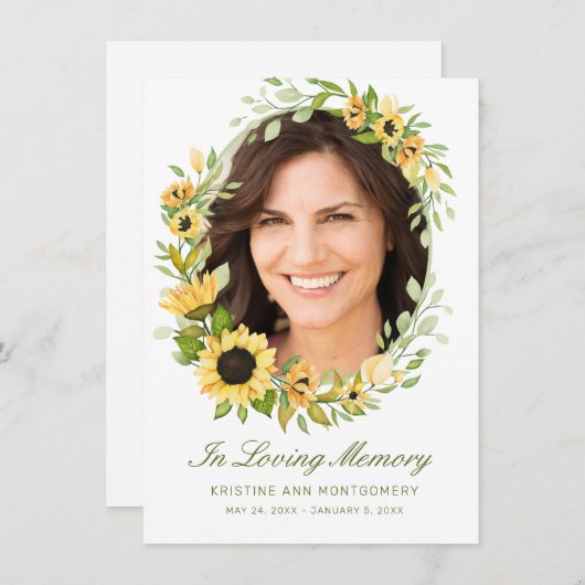 Zonnebloem groen script kruis foto begrafenis bedankkaart (Voorkant / Achterkant)