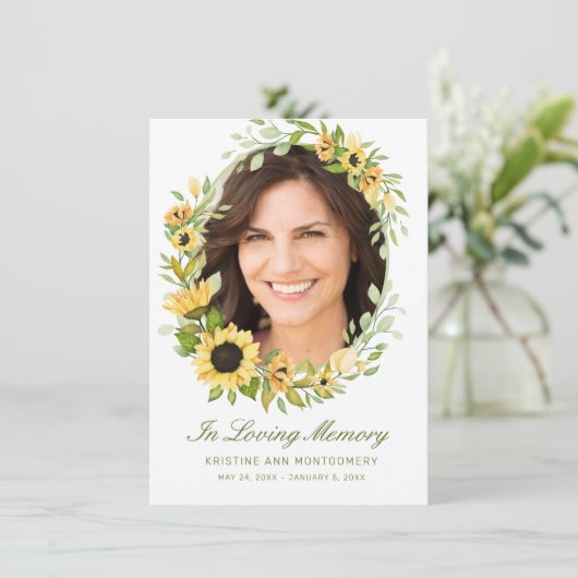 Zonnebloem groen script kruis foto begrafenis bedankkaart (Staand voorkant)