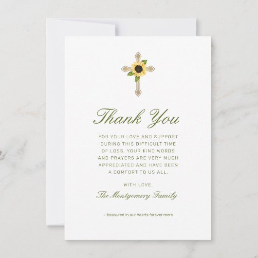 Zonnebloem groen script kruis foto begrafenis bedankkaart (Achterkant)
