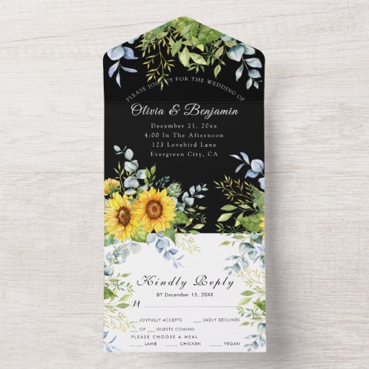 Zonnebloem groen zwart en wit RSVP bruiloft All In One Uitnodiging (Binnen)