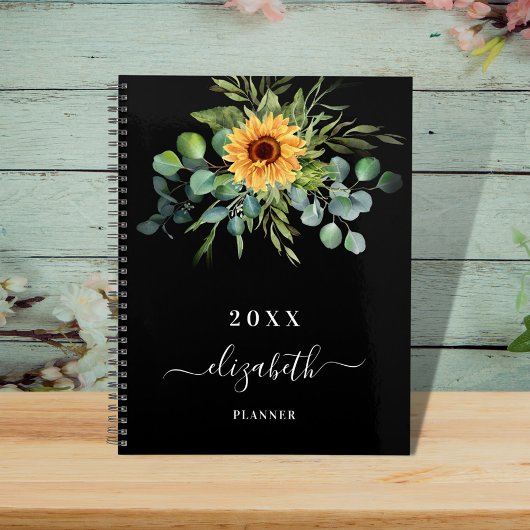 Zonnebloem, groenblauw, zwarte benaming 2023 planner