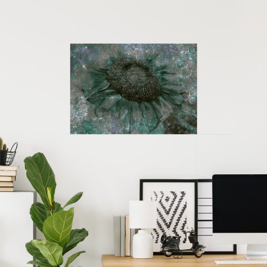 Zonnebloem  groene gegraveerde textuur ontkoppelin poster (Thuiskantoor)