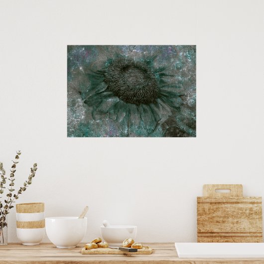 Zonnebloem  groene gegraveerde textuur ontkoppelin poster (Keuken)