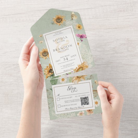 Zonnebloem Groene QR-code All In One Uitnodiging (Afscheurbaar)