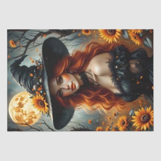 Zonnebloem Harvest Witch met Fiery Red Hair Tissuepapier (Voorkant)