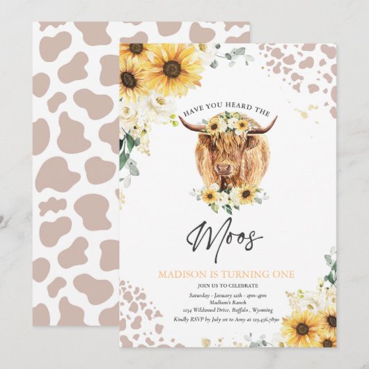 Zonnebloem Heilige Koe Hoogland Koe Birthday Party Kaart (Voorkant / Achterkant)