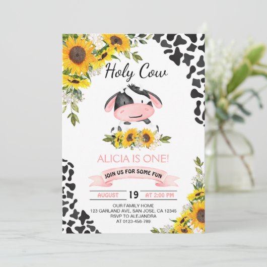 Zonnebloem Heilige Koe Koe Eerste verjaardag Kaart (Staand voorkant)