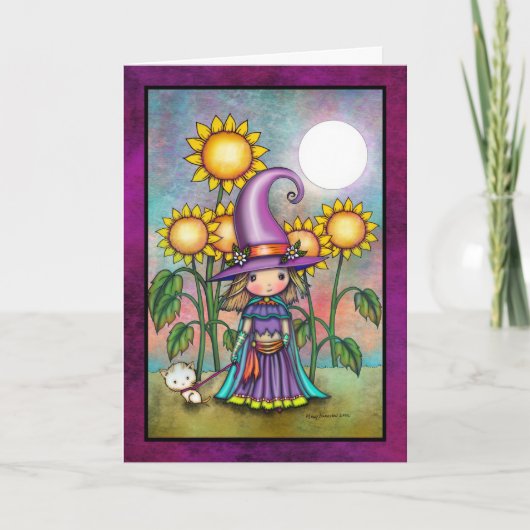 Zonnebloem Heks en Mooie Kat Kunstkaart Kaart (Voorkant)