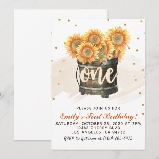 Zonnebloem Herfst Eerste Verjaardag Uitnodiging (Voorkant / Achterkant)