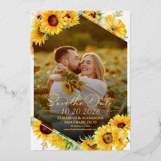 Zonnebloem Herfst foto bruiloft Save the Date Real Folie Uitnodiging (Voorkant)