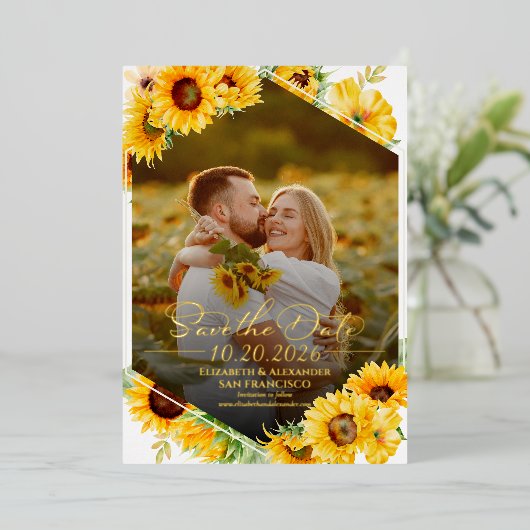 Zonnebloem Herfst foto bruiloft Save the Date Real Folie Uitnodiging (Staand Voorkant)