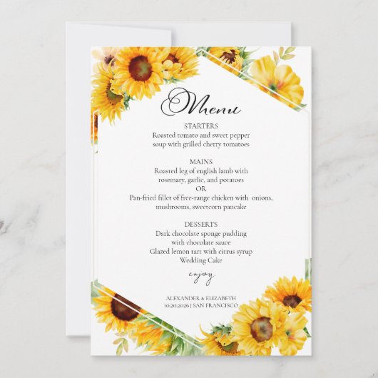 Zonnebloem Herfst Herfst Wedding Menu Kaart (Voorkant)