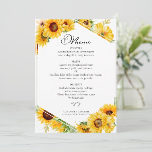 Zonnebloem Herfst Herfst Wedding Menu Kaart (Staand voorkant)