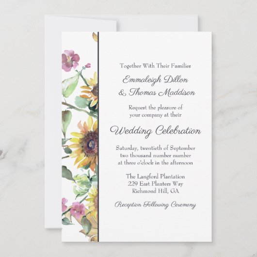 Zonnebloem Herfst Waterverf Bloemen Bruiloft Kaart (Voorkant)