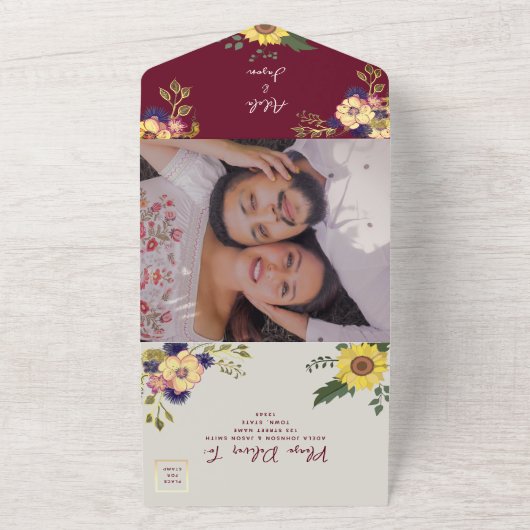 Zonnebloem Herfst Wildflower Bourgondische bruilof All In One Uitnodiging (Buitenkant)