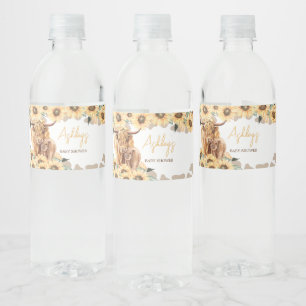 Zonnebloem Highland Koe Baby shower Waterfles Etiket