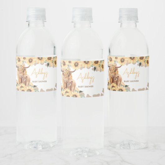Zonnebloem Highland Koe Baby shower Waterfles Etiket (Flessen)