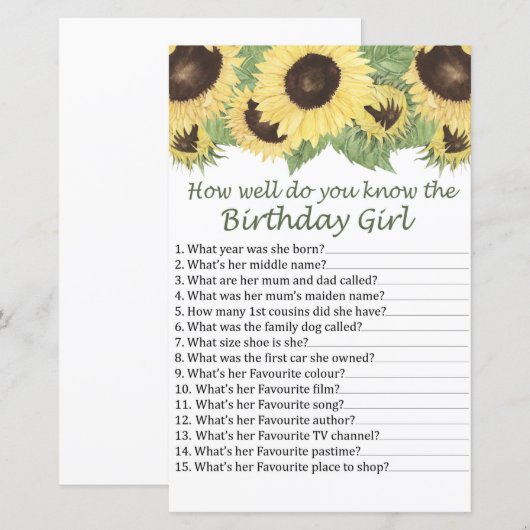 zonnebloem Hoe goed ken je het verjaardagsmeisje? (Voorkant / Achterkant)