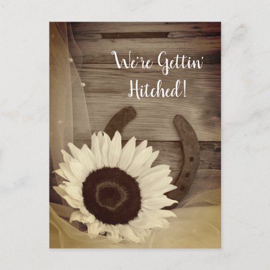 Zonnebloem Hoefijzer Western Opslaan Datum Sepia Aankondigingskaart (Voorkant)