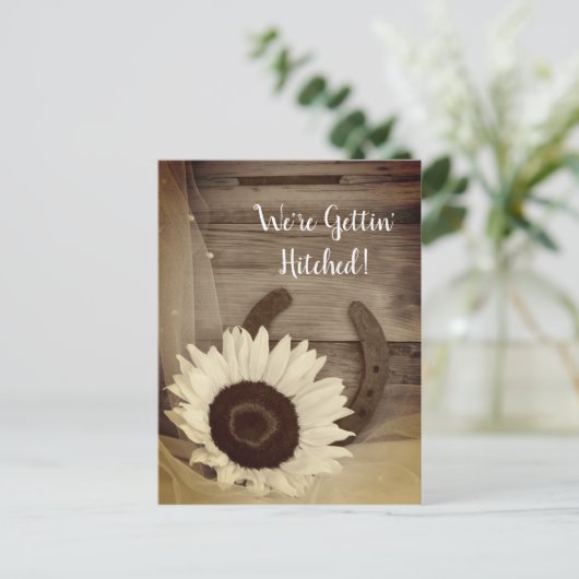 Zonnebloem Hoefijzer Western Opslaan Datum Sepia Aankondigingskaart (Staand voorkant)