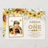 Zonnebloem hommel eerste 1e verjaardag uitnodiging (Voorkant / Achterkant)