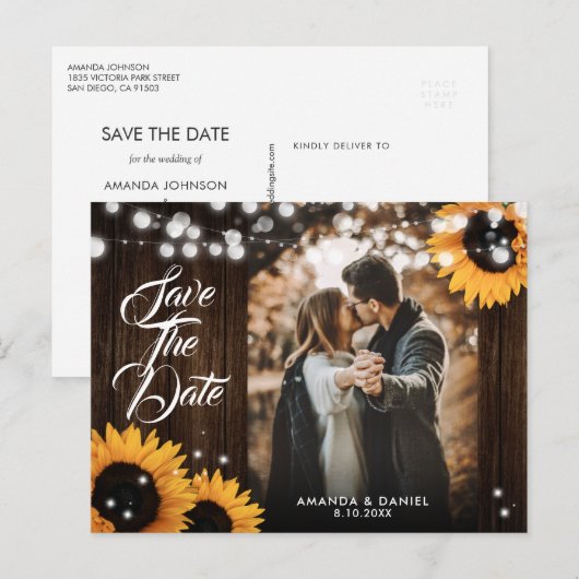 Zonnebloem Hout Band Foto bewaart datum Aankondigingskaart (Voorkant / Achterkant)