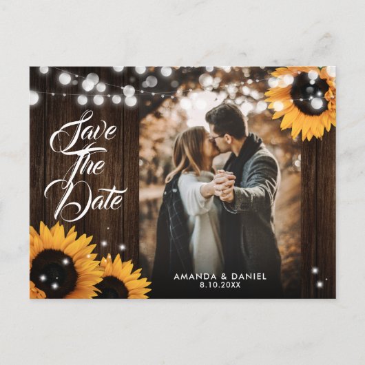 Zonnebloem Hout Band Foto bewaart datum Aankondigingskaart (Voorkant)