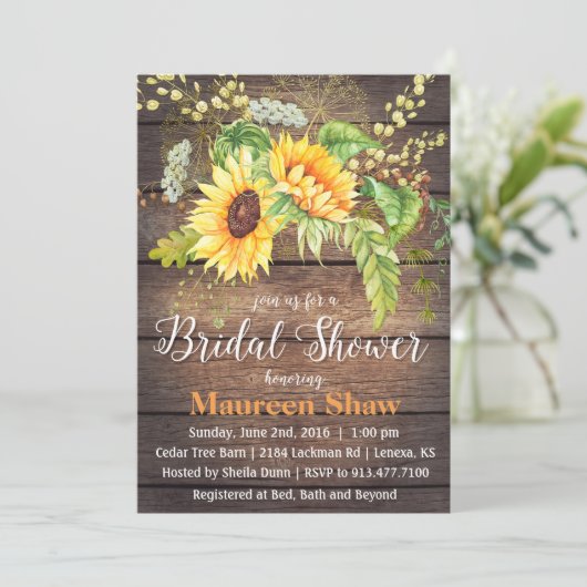 Zonnebloem Hout Bruids Douche Uitnodiging (Staand voorkant)