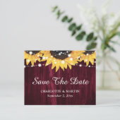 Zonnebloem Hout Burgundy Trouw Save The Date Aankondigingskaart (Staand voorkant)