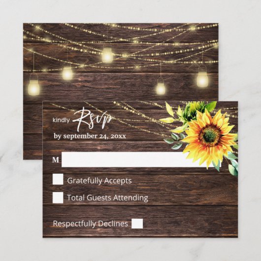 Zonnebloem, hout en snaarlicht op de maaltijd RSVP (Voorkant / Achterkant)