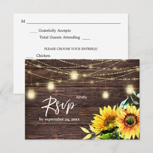 Zonnebloem-, hout- en strijklichten met maaltijd RSVP kaartje (Voorkant / Achterkant)