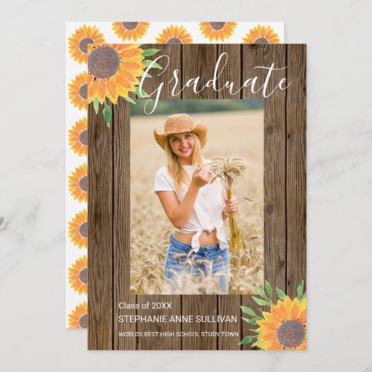 Zonnebloem Hout Foto Afstuderen Aankondiging (Voorkant / Achterkant)