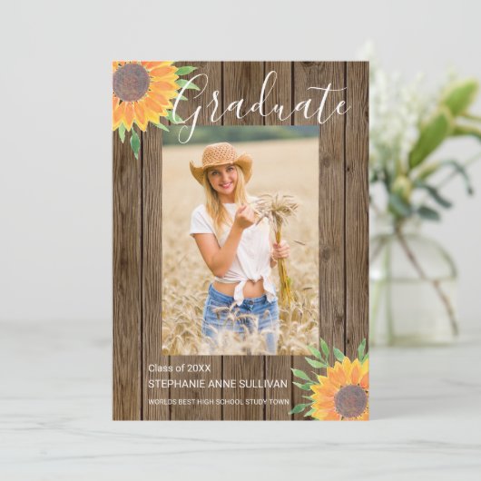 Zonnebloem Hout Foto Afstuderen Aankondiging (Staand voorkant)