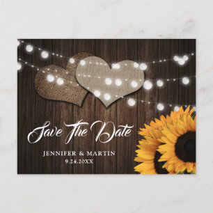 Zonnebloem Hout Jute Harten Landelijke Trouwdag Briefkaart
