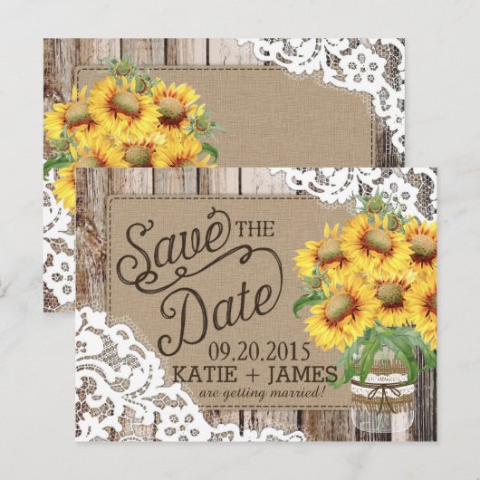 Zonnebloem Hout Kant Rustiek Land Save the Date Aankondigingskaart (Voorkant / Achterkant)