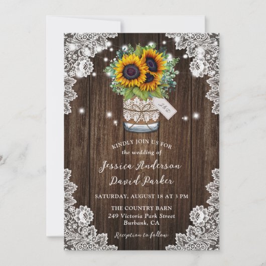 Zonnebloem Hout Mason Jar Floral Lace Wedding Kaart (Voorkant)