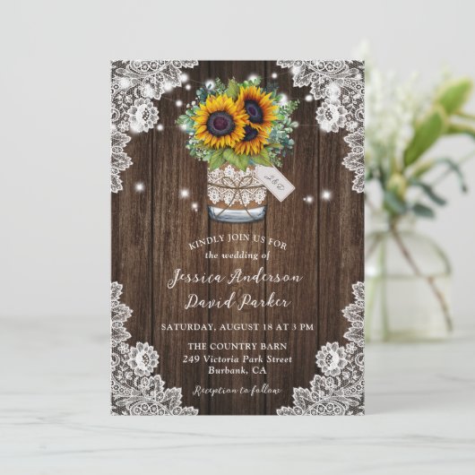 Zonnebloem Hout Mason Jar Floral Lace Wedding Kaart (Staand voorkant)