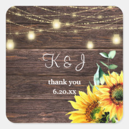 Zonnebloem, Hout & Mason Jar String Lights Monogra Vierkante Sticker
