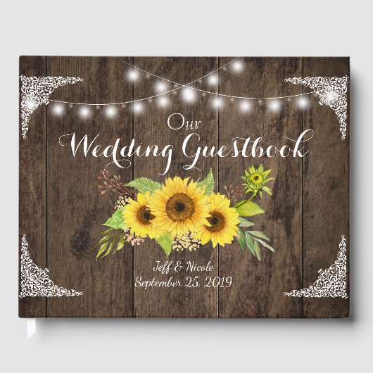 Zonnebloem Hout Rustiek Land Bloem Schuur Huwelijk Gastenboek (Voorkant)